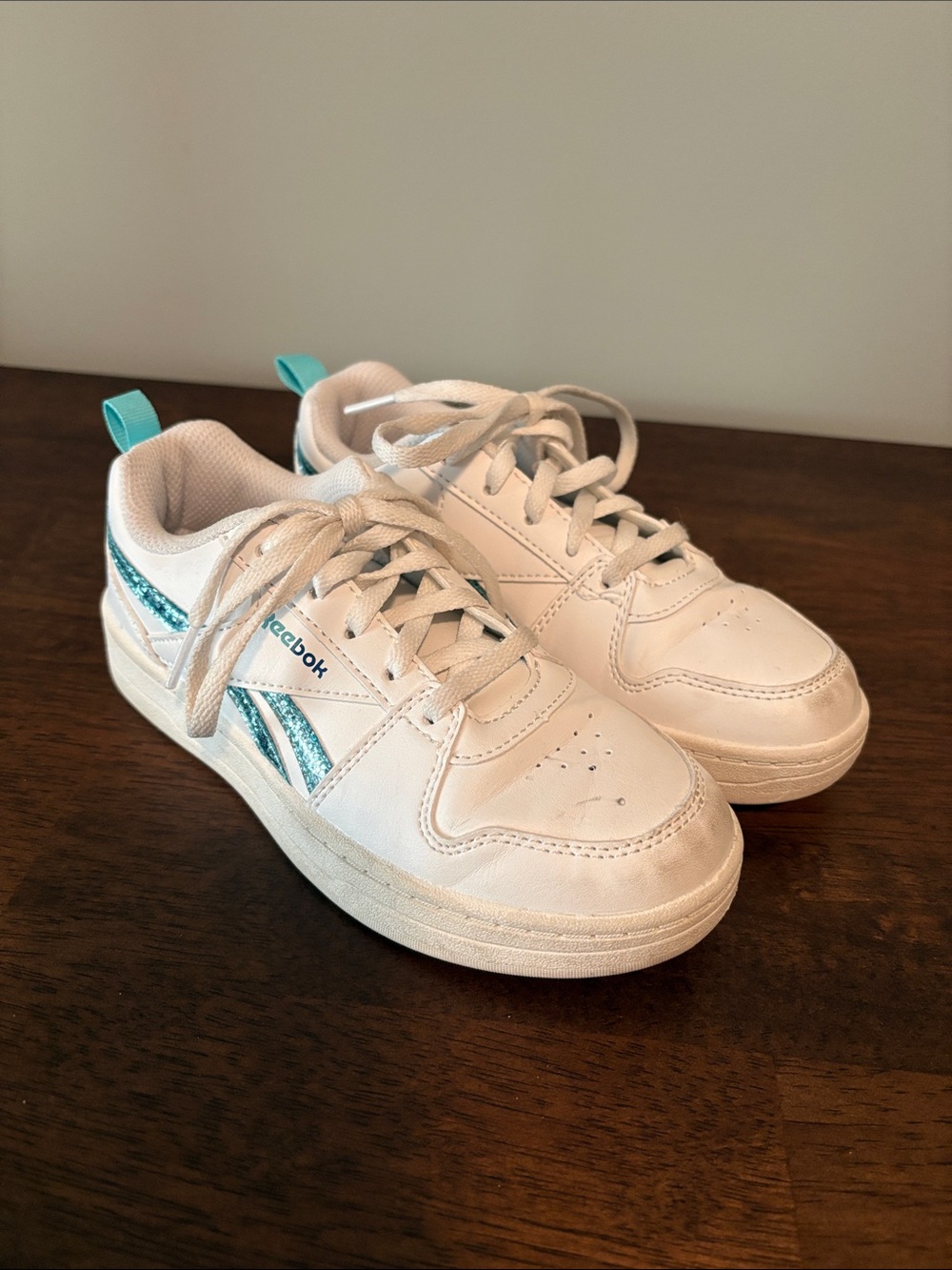 Reebok Kids White Sneakers with Teal sparkle Accents